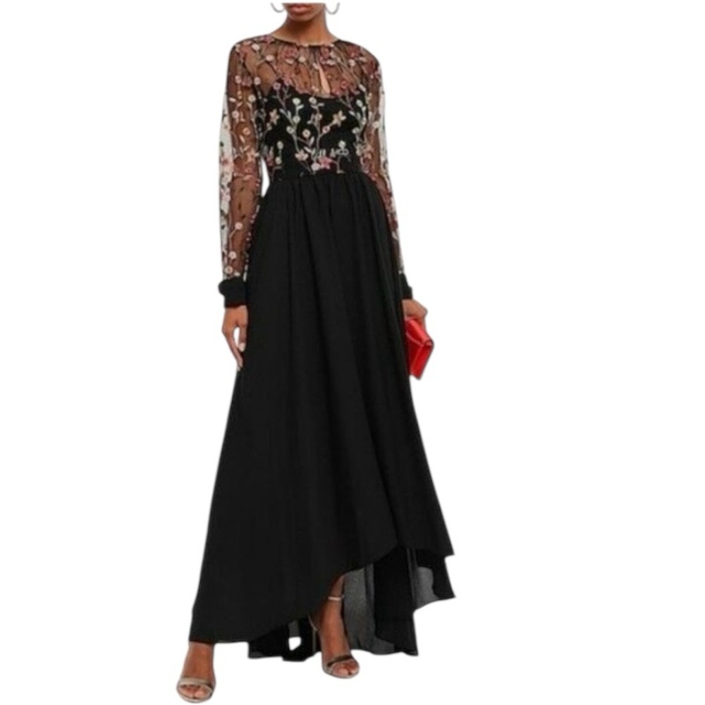 US 2 MIKAEL ALGHAL Small Floral Embroidered Illusion Long Sleeve Gown NWT